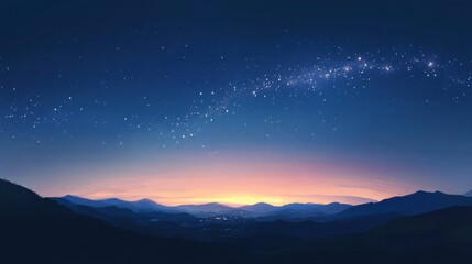 The sky at twilight, with a gradient of blue to dark, filled with stars and the sweeping arc of the galaxy.