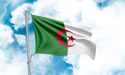 Algeria flag waving on sky background. 3D Rendering