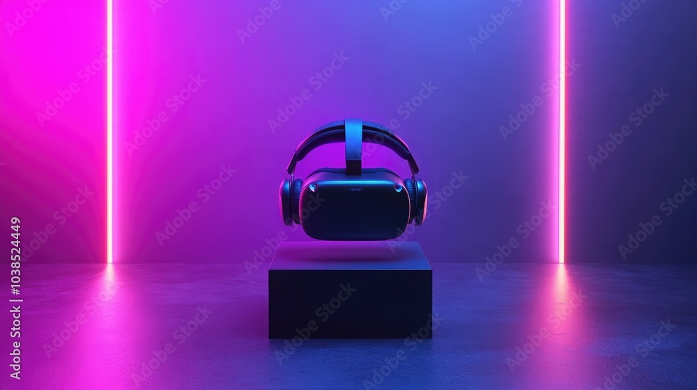 Poster 3d render of a headset on a display stand
