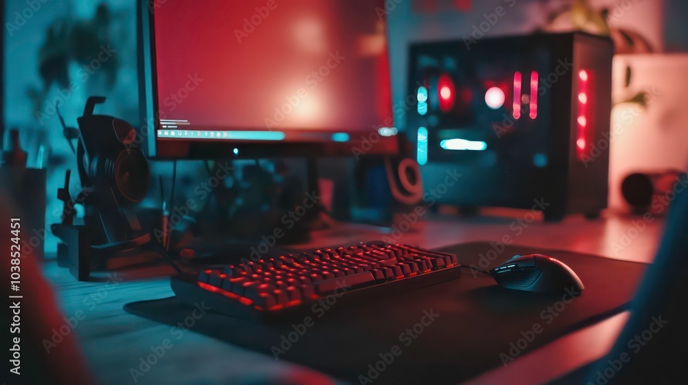 Aufkleber a close-up of a gaming setup with a keyboard, mouse, and computer monitor with red and blue lighting