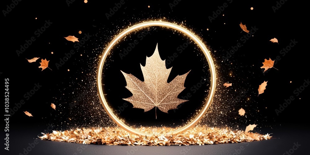 Poster golden maple leaf surrounded by sparkling particles on a dark background.