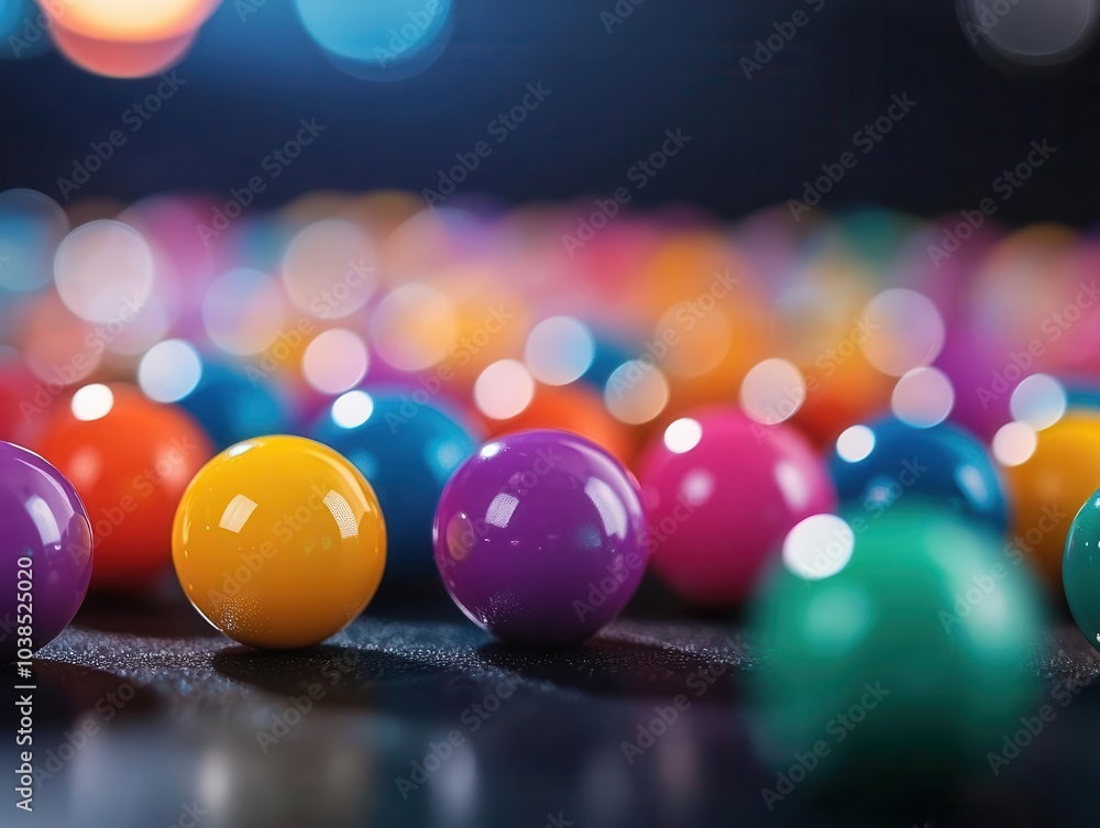 Poster a vibrant arrangement of colorful spheres scattered on a dark surface, illuminated by soft light, cr