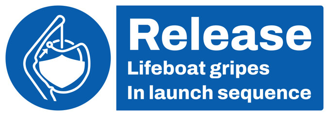 ISO mandatory safety signs text variation_release lifeboat gripes in launch sequence_landscape size 1/2 a4,a3,a2,a1