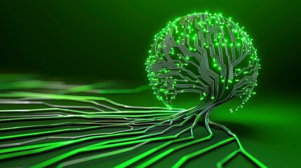 Digital Tree, Circuitry and technology blend in a tree-like pattern, symbolizing growth and connectivity in a green hue.