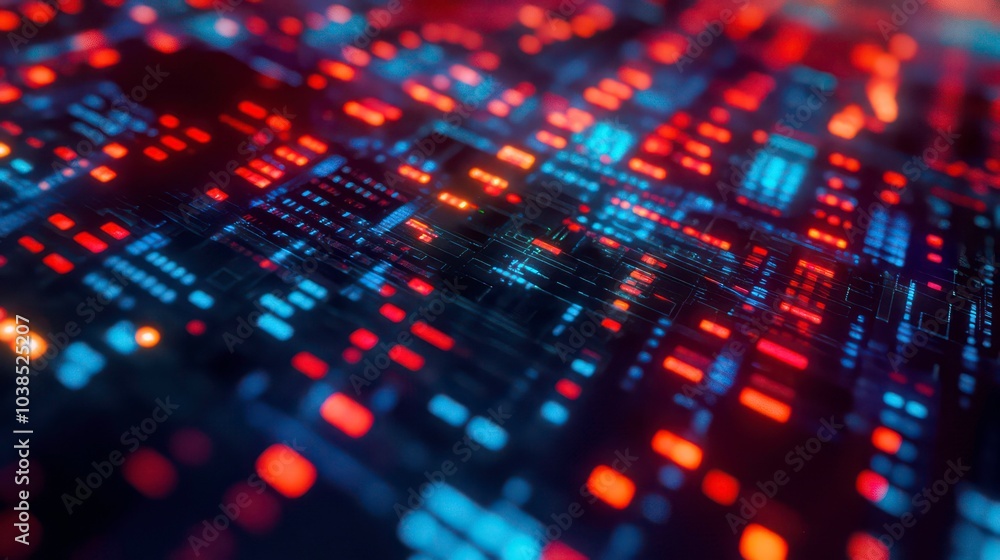 Poster abstract digital background with red and blue glowing lines and dots.