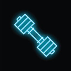 Blue neon sign of a dumbbell glowing on a black background