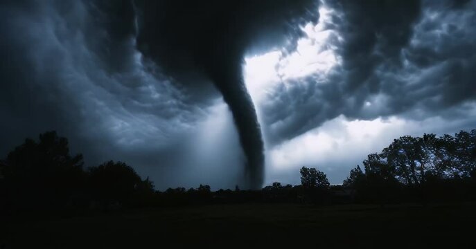 Dramatic tornado swirling in a stormy sky.
