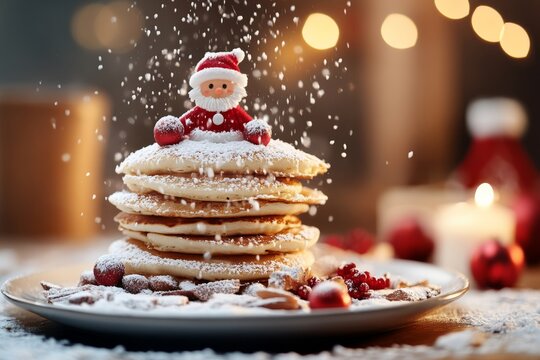 A delicious stack of pancakes is topped with a charming Santa decoration, dusted with powdered sugar, creating a festive breakfast scene filled with holiday spirit.