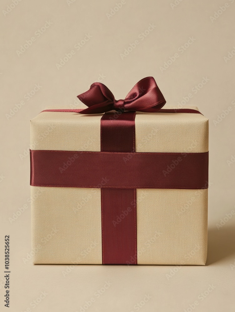Poster this large gift box features neutral wrapping paper with a deep red ribbon, making it an ideal prese