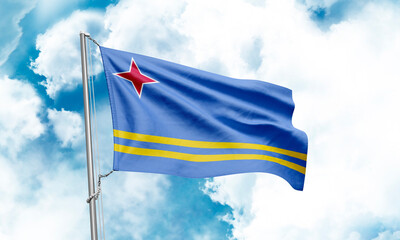 Aruba flag waving on sky background. 3D Rendering