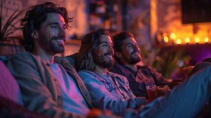 Obraz premium Three Friends Enjoying a Cozy Evening Indoors, Relaxed Atmosphere with Warm Ambient Lighting, Casual Attire and Happy Expressions Capturedfriends