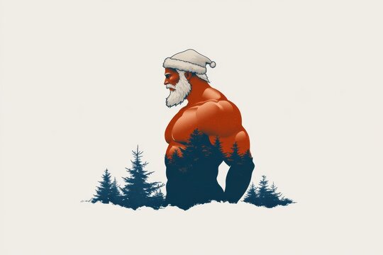A strong and muscular Santa Claus is depicted against a serene forest background, symbolizing strength and tranquility, set in a wintry theme with a festive hat.
