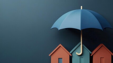 Umbrella covering a row of houses, neighborhood insurance, 3D illustration,