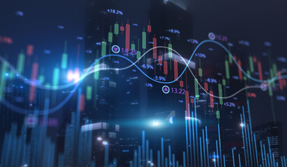World business investment concept. Financial rising candlestick at abstract city background
