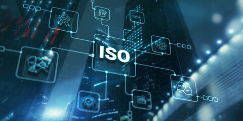 Quality standards ISO business technology concept on city background