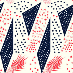 Abstract seamless pattern with geometric shapes, stars, and dots in red and blue on a white background.