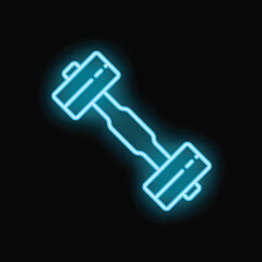 Bright, glowing blue neon dumbbell icon is set on a black background