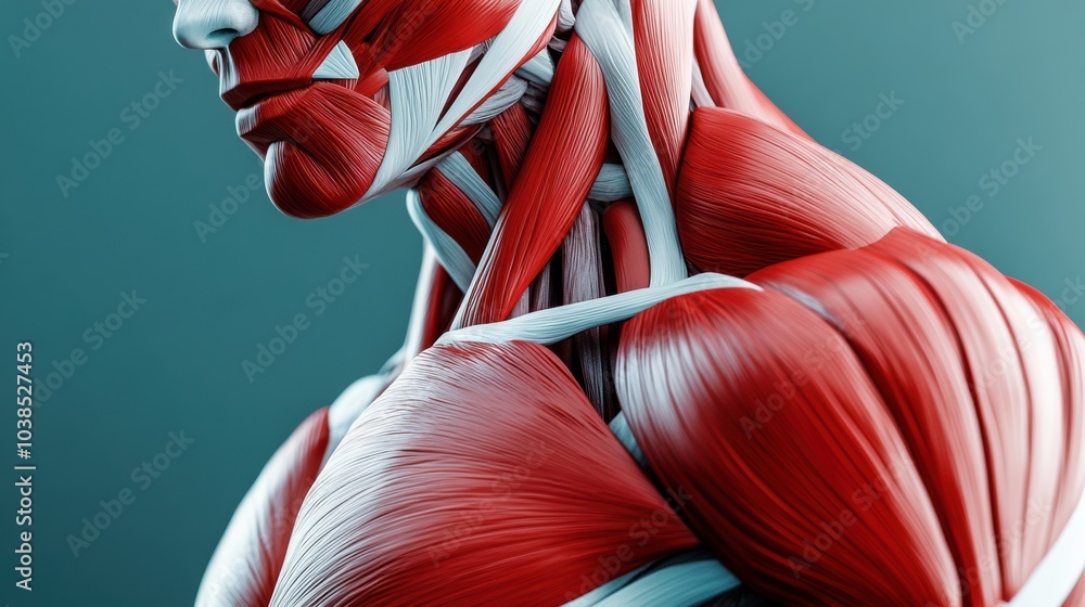 Poster this close-up displays an impressive red and white muscle anatomy model, highlighting the complex fi