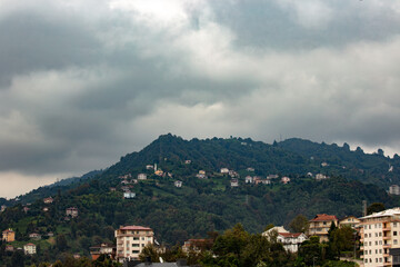 Misty Hills of Çayeli, Rize, Turkey – Traditional Houses and a Mosque Surrounded by Greenery in the Turkish Countryside