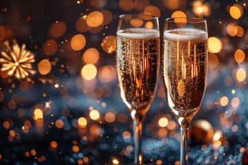 Festive Celebration with Sparkling Champagne Glasses and Golden Bokeh Lights Creating a Warm and Joyful AtmosphereChampagne