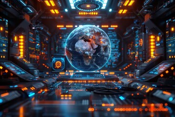 Fototapeta premium Futuristic command center with digital Earth hologram surrounded by high-tech, illuminated control panels and vibrant blue and orange lights