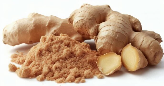 Fresh ginger root and ground ginger on display.