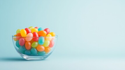 Colorful jelly beans in a glass bowl against a pastel background