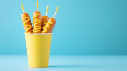 Delicious corn dogs with mustard in a bright cup