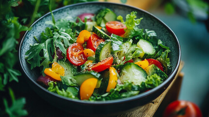 Fresh garden salad with vibrant vegetables prepared outdoors on a sunny day
