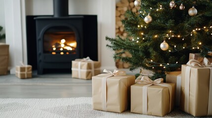 Fototapeta premium Cozy Rustic Holiday Scene with Fireplace and Gifts