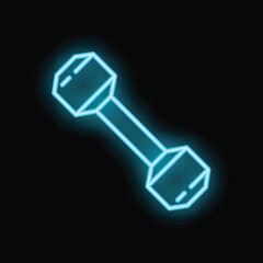 Blue neon sign of a dumbbell glowing on a black background