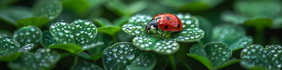 A high-quality macro photo of a ladybug sitting on a clover leaf, surrounded by a green meadow. The scene captures the vibrant greens and the detailed features of the ladybug.