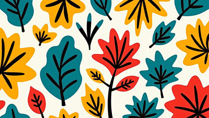 Vibrant and playful illustration of colorful autumn leaves with bold graphic patterns creating a lively and modern design perfect for seasonal decor and creative projects