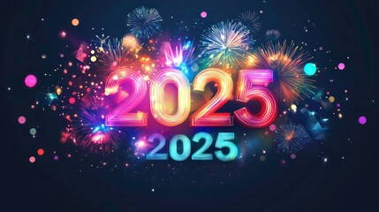 Colorful 2025 new year celebration with fireworks.