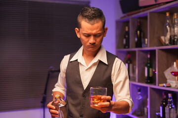 Bartender Serve Whiskey, on wood bar, 
