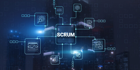SCRUM. Development methodology, programming and application design technology concept on city background