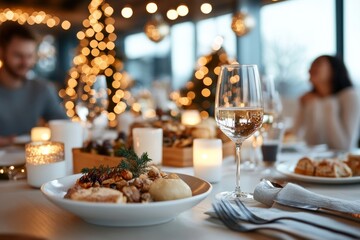 Naklejka premium A delightful holiday dinner scene showcases a family enjoying a meal in a warmly lit setting, complete with festive table decorations and Christmas trees in the background.