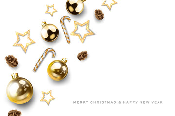 gold christmas balls,stars decorative abstract merry christmas and happy new year celebration white background top view. greeting card,poster and banner vector illustration.