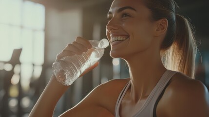 A fit woman smiling as she takes a break, sipping water from a bottle after a vigorous workout, showcasing her dedication