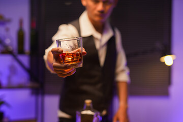 Bartender Serve Whiskey, on wood bar,