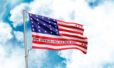 Bikini Atoll flag waving on sky background. 3D Rendering