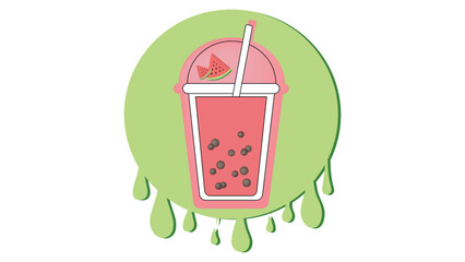 Milk bubble tea logo with watermelon flavor on background of splashes, sweet cold drink with tapioca pearl balls, Asian street food from Taiwan, boba beverage in cup with floating balls
