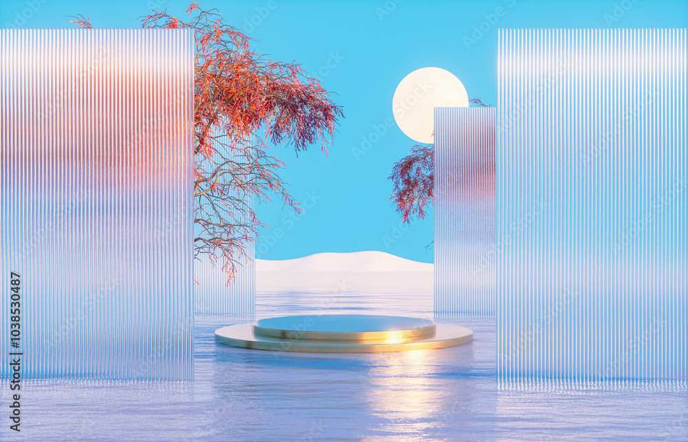 Poster natural podium backdrop for product display with autumn seascape scene. 3d rendering
