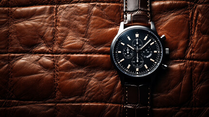 Black chronograph wristwatch with leather strap on textured brown leather background.