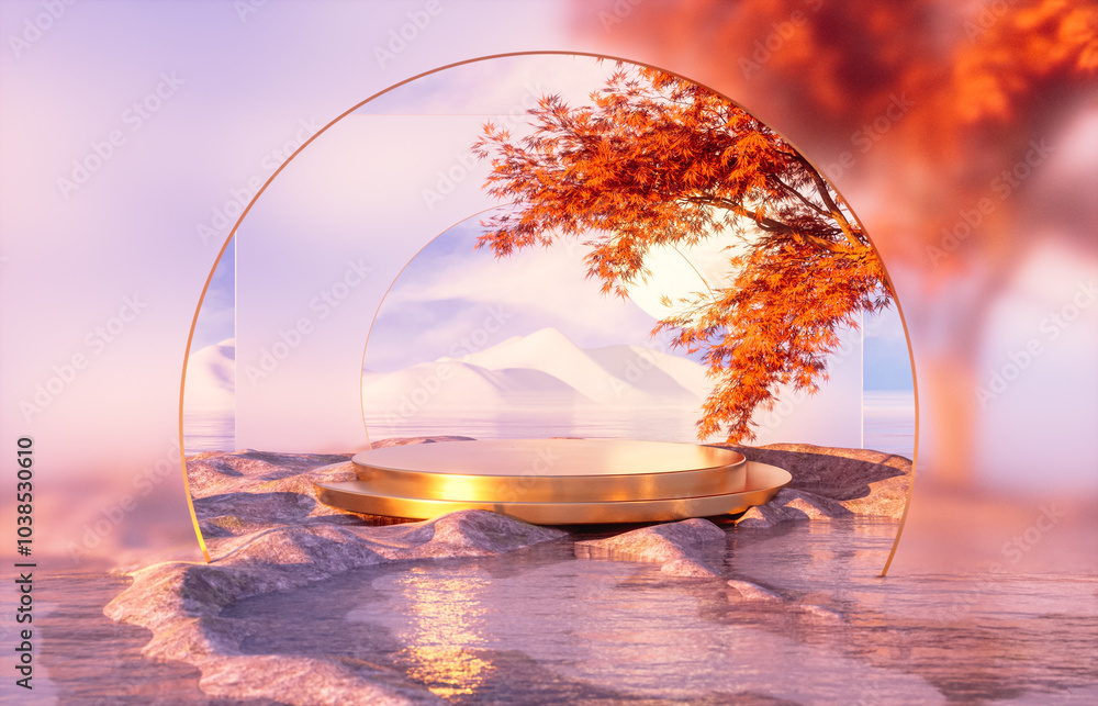 Poster natural podium backdrop for product display with autumn seascape scene. 3d rendering