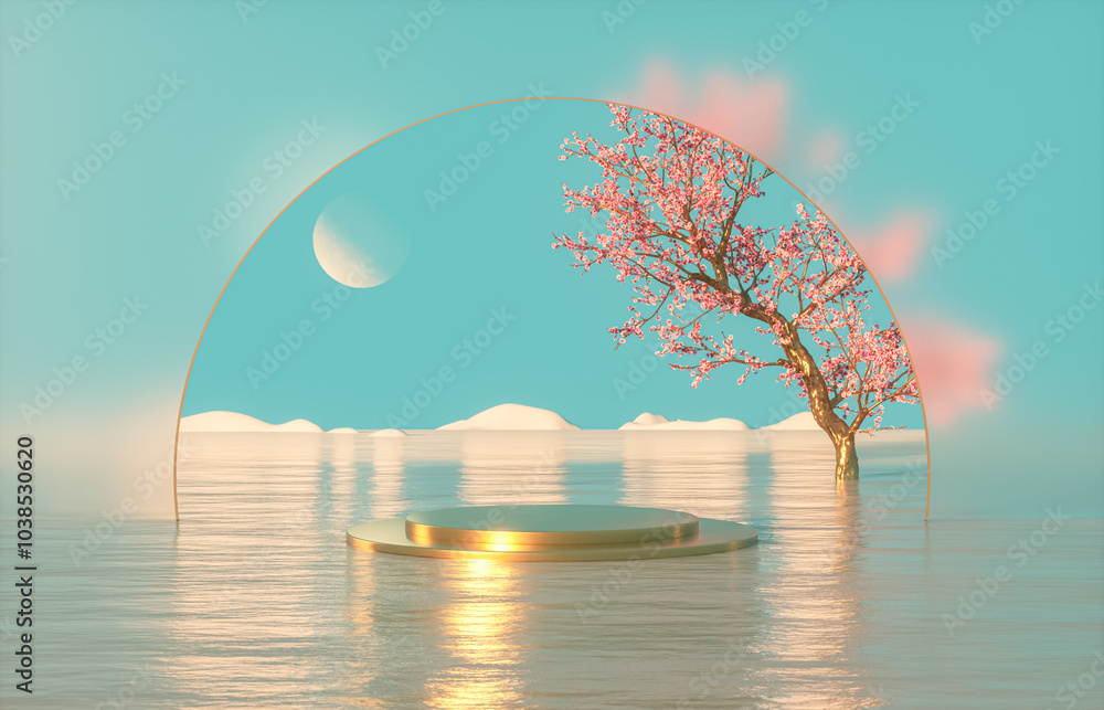 Poster natural podium backdrop for product display with autumn seascape scene. 3d rendering