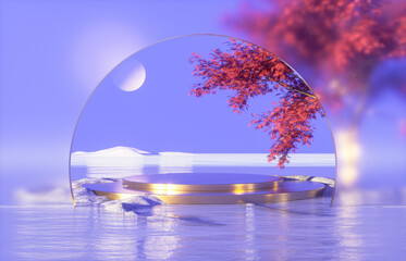 Natural podium backdrop for product display with Autumn seascape scene. 3d rendering