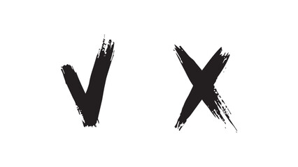 Black check mark and cross are made with dry brush, grunge elements, tick and cross icons, sign elements, false and true, right and wrong icons, tick cross sign elements, vector buttons for vote