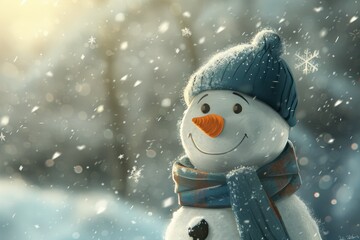 Cheerful snowman in blue cap and scarf  a watercolor winter invitation for new year celebrations