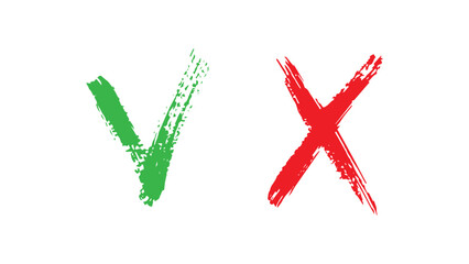 Obraz premium Green check mark and red cross made with grunge brush, bold brush strokes forming check mark and cross, correct and incorrect icons, accept and reject vector symbols, vector buttons for vote